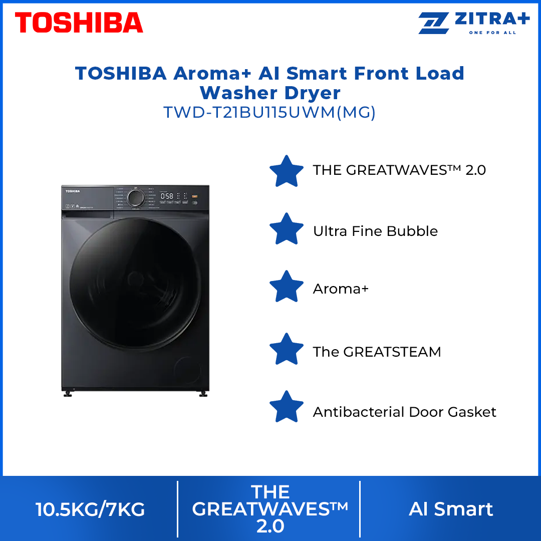 TOSHIBA 10.5KG/7KG Aroma+ AI Smart Front Load Washer Dryer TWD-T21BU115UWM(MG) | THE GREATWAVES™ 2.0 | Ultra Fine Bubble